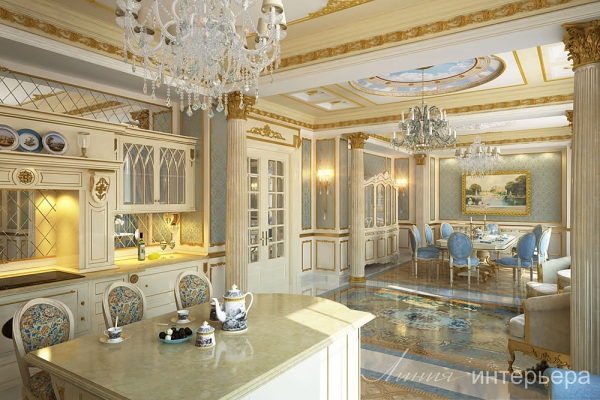классический дворцовый интерьер кухни и столовой