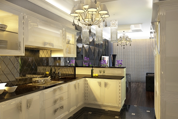 белая кухня Brummel Cucine  в интерьере с темными стенами